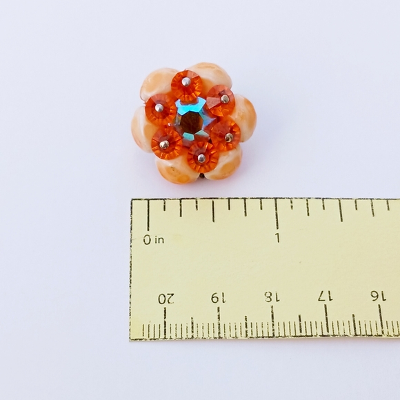 VINTAGE ORANGE SHELL EARRINGS AB cluster clipon MCM tropical Party Cowrie Glam - Picture 6 of 6
